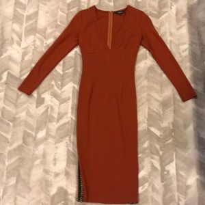 Rust deep V long sleeve midi dress